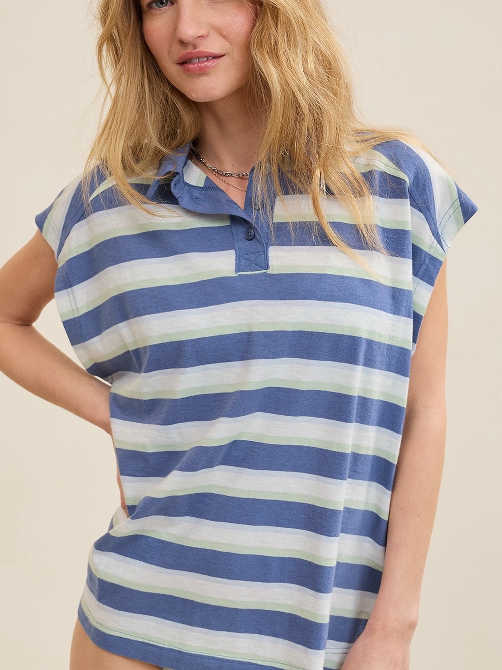 Aerie Happiest Oversized Polo T-Shirt NWT Medium Blue Green Striped Top